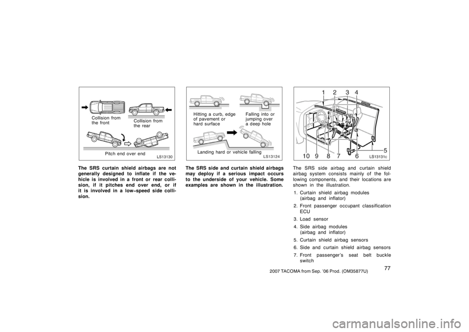 TOYOTA TACOMA 2007   (in English) Manual Online 772007 TACOMA from Sep. ’06 Prod. (OM35877U)
LS13130
Collision from
the frontCollision from
the rear
Pitch end over end
The SRS curtain shield airbags are not
generally designed to inflate if the ve