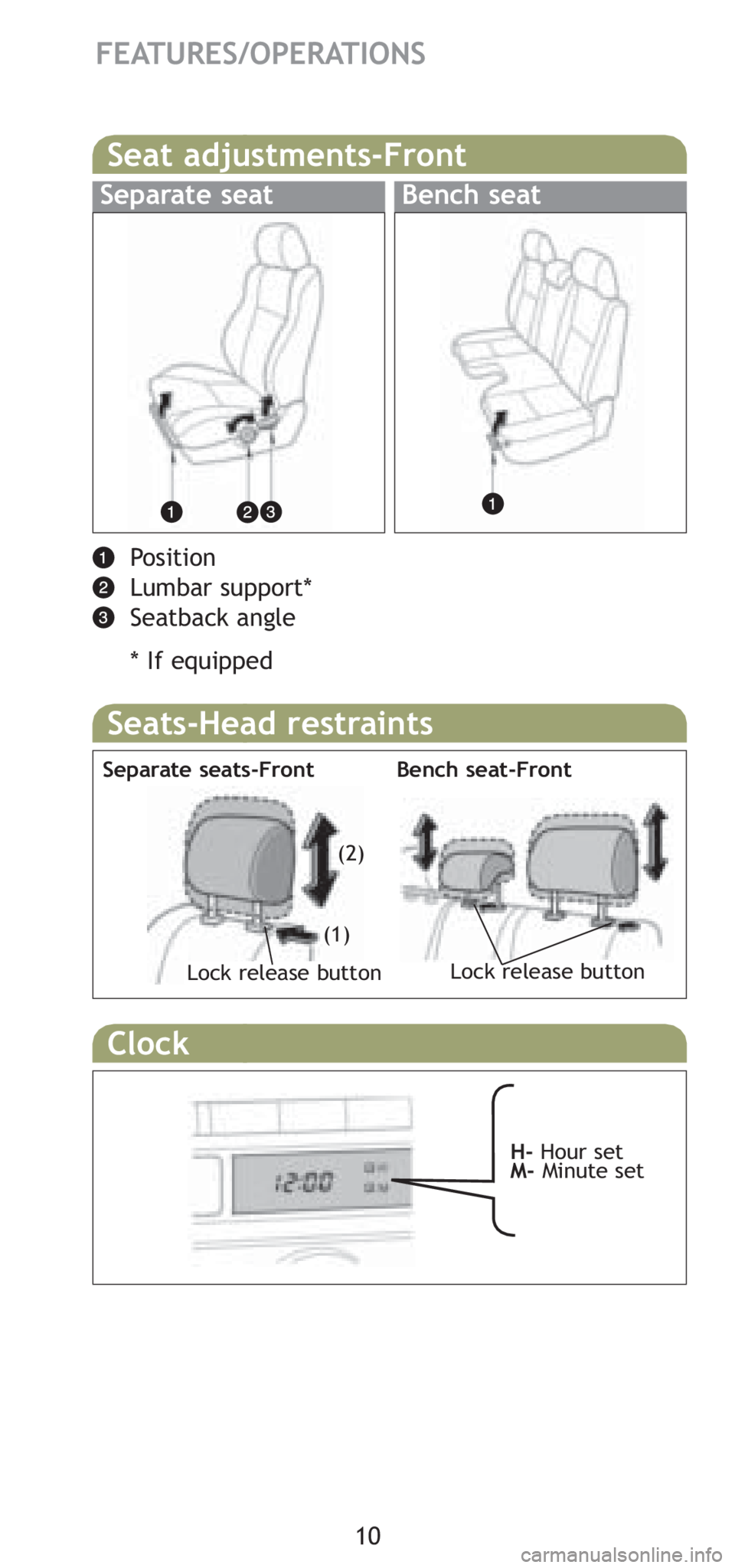 TOYOTA TACOMA 2008   (in English) User Guide 10
FEATURES/OPERATIONS
Seat adjustments-Front
Separate seatBench seat
Position
Lumbar support*
Seatback angle
* If equipped
Seats-Head restraints
Bench seat-Front Separate seats-Front
Lock release but