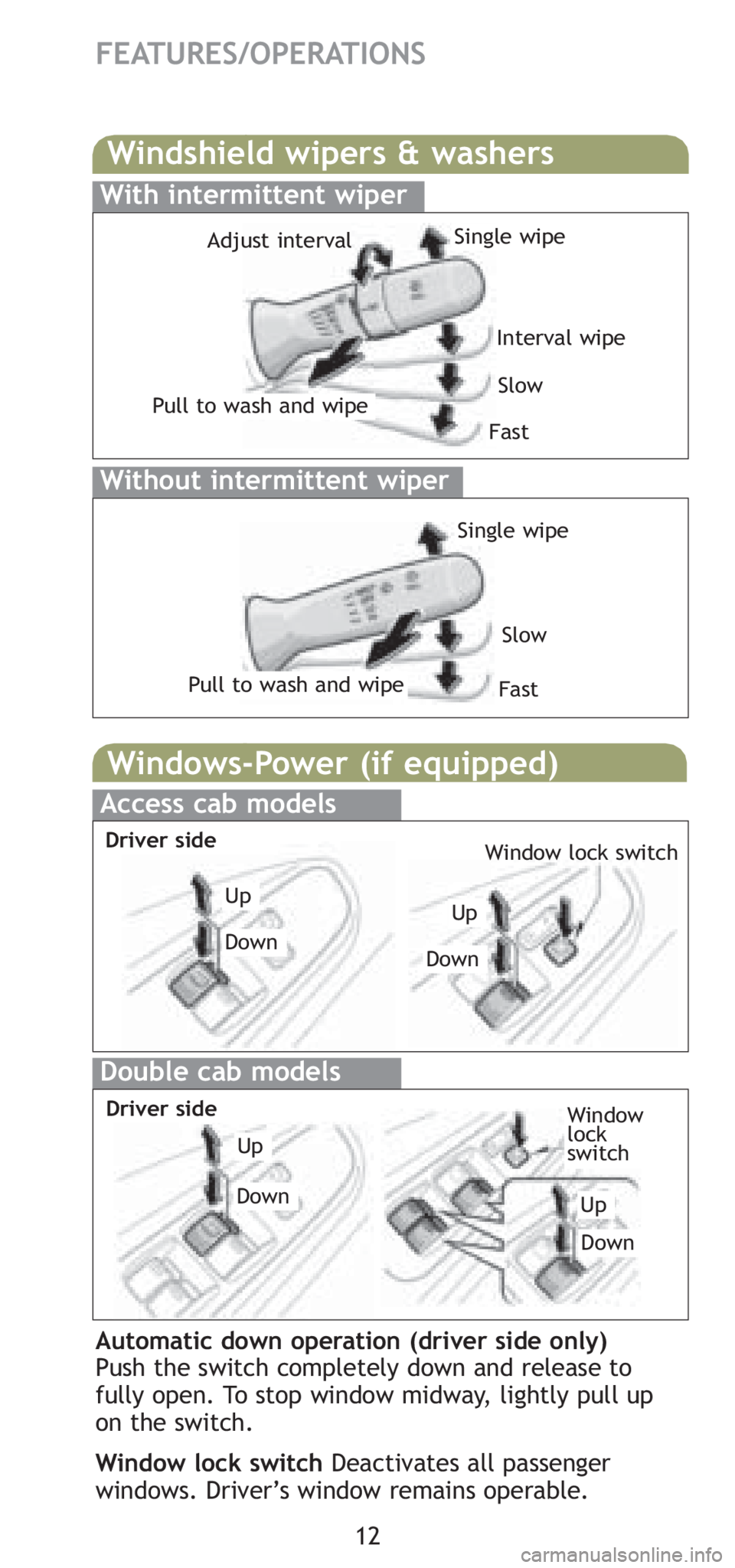 TOYOTA TACOMA 2008   (in English) User Guide 12
FEATURES/OPERATIONS
Windshield wipers & washers
Interval wipe
Single wipe
Slow
FastPull to wash and wipeAdjust interval
With intermittent wiper
Without intermittent wiper
Pull to wash and wipe
Sing
