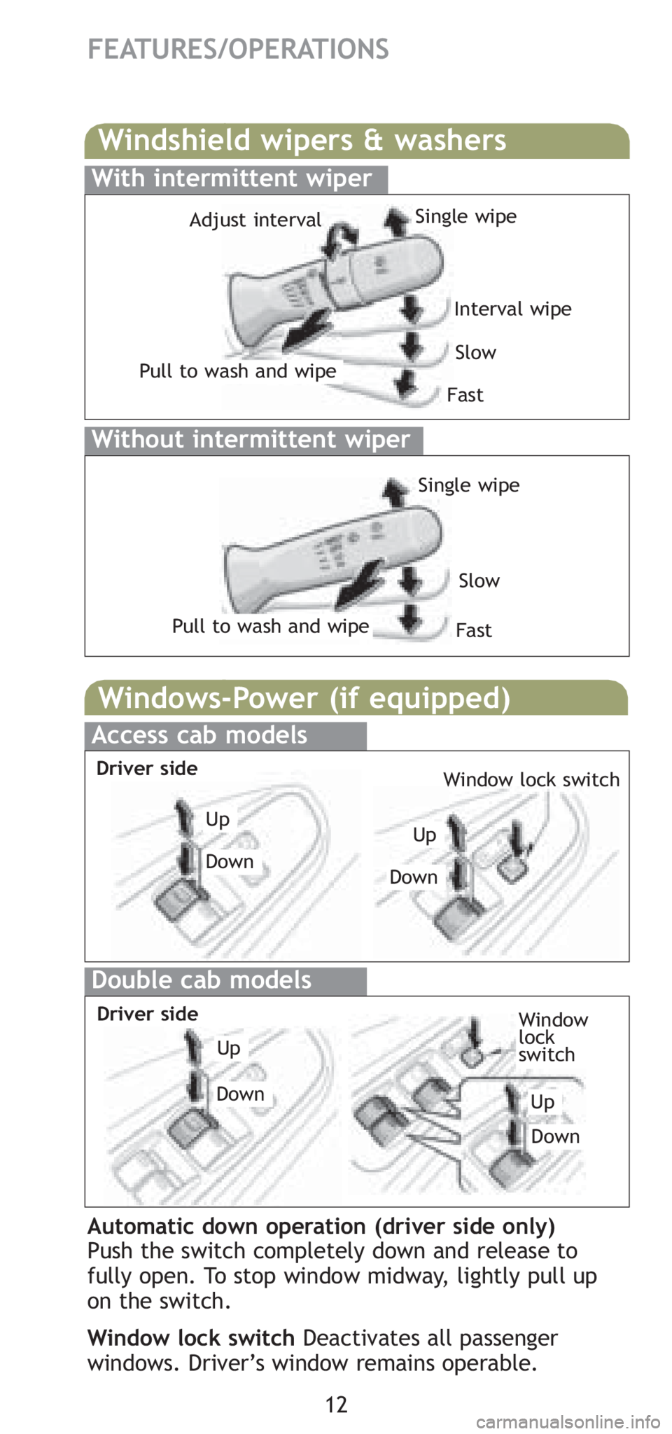 TOYOTA TACOMA 2008  Owners Manual (in English) 12
FEATURES/OPERATIONS
Windshield wipers & washers
Interval wipe
Single wipe
Slow
FastPull to wash and wipeAdjust interval
With intermittent wiper
Without intermittent wiper
Pull to wash and wipe
Sing