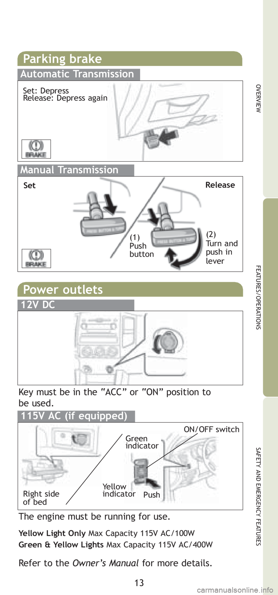 TOYOTA TACOMA 2008   (in English) User Guide 13
OVERVIEW
FEATURES/OPERATIONS
SAFETY AND EMERGENCY FEATURES
Parking brake
Manual Transmission
SetRelease
(1) 
Push 
button(2) 
Turn and 
push in 
lever
Automatic Transmission
Set: Depress
Release: D