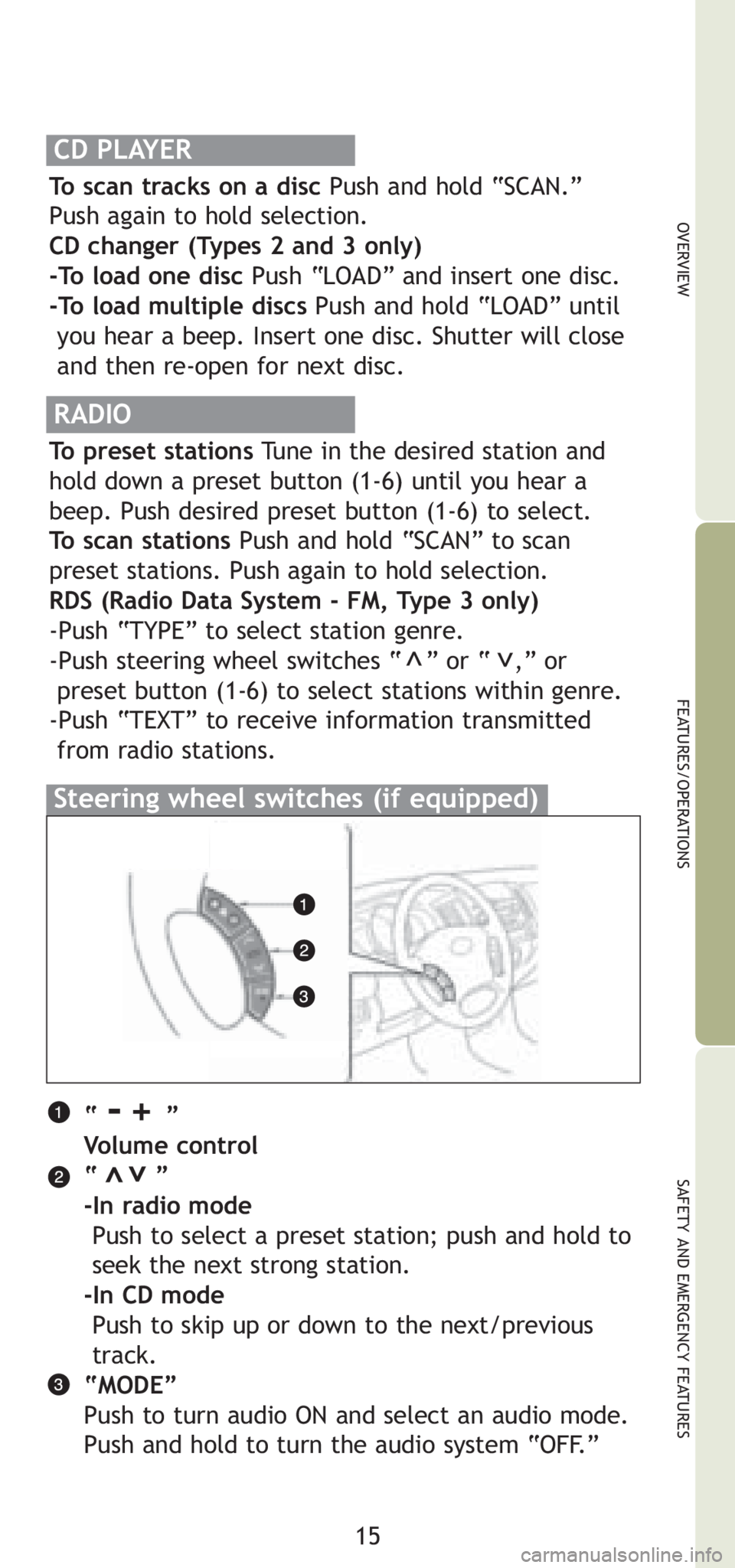 TOYOTA TACOMA 2008 (in English) User Guide 15
OVERVIEW
FEATURES/OPERATIONS
SAFETY AND EMERGENCY FEATURES
“ -+ ”
Volume control
“ ”
-In radio mode
Push to select a preset station; push and hold to
seek the next strong station. TOYOTA TACOMA 2008 (in English) User Guide 15
OVERVIEW
FEATURES/OPERATIONS
SAFETY AND EMERGENCY FEATURES
“ -+ ”
Volume control
“ ”
-In radio mode
Push to select a preset station; push and hold to
seek the next strong station.