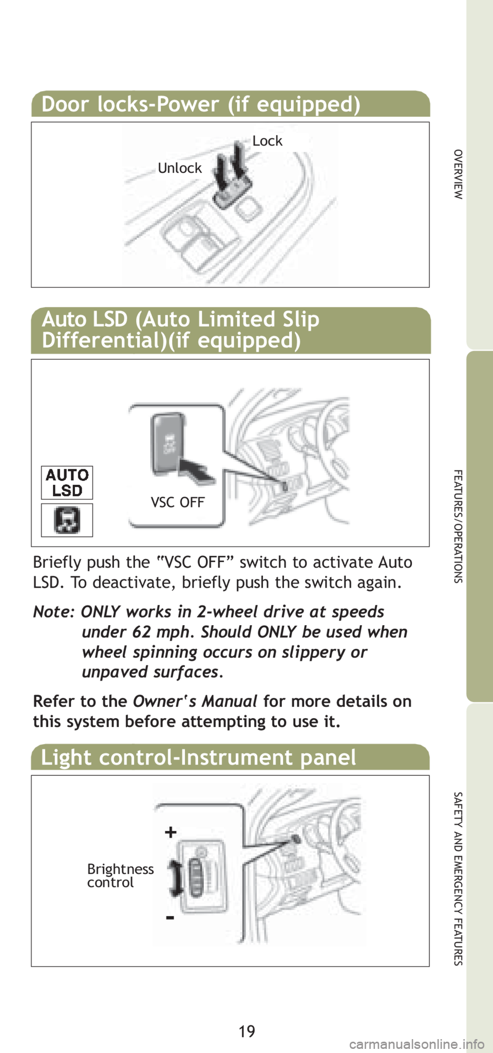 TOYOTA TACOMA 2008 (in English) Owners Manual 19
OVERVIEW
FEATURES/OPERATIONS
SAFETY AND EMERGENCY FEATURES
Door locks-Power (if equipped)
Light control-Instrument panel
VSC OFF
Lock
Unlock
Brightness
control
-
Briefly push the “VSC OFF” swit TOYOTA TACOMA 2008 (in English) Owners Manual 19
OVERVIEW
FEATURES/OPERATIONS
SAFETY AND EMERGENCY FEATURES
Door locks-Power (if equipped)
Light control-Instrument panel
VSC OFF
Lock
Unlock
Brightness
control
-
Briefly push the “VSC OFF” swit