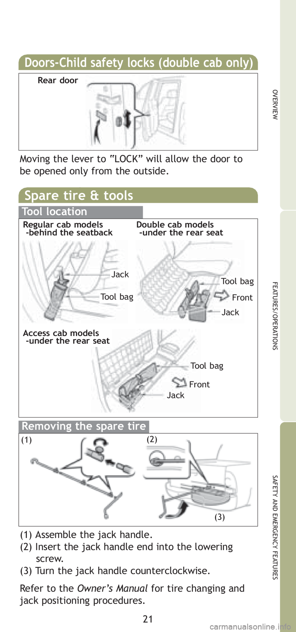 TOYOTA TACOMA 2008   (in English) Owners Manual Spare tire & tools
Tool location
Removing the spare tire
21
OVERVIEW
FEATURES/OPERATIONS
SAFETY AND EMERGENCY FEATURES
(1) Assemble the jack handle.
(2) Insert the jack handle end into the lowering
sc