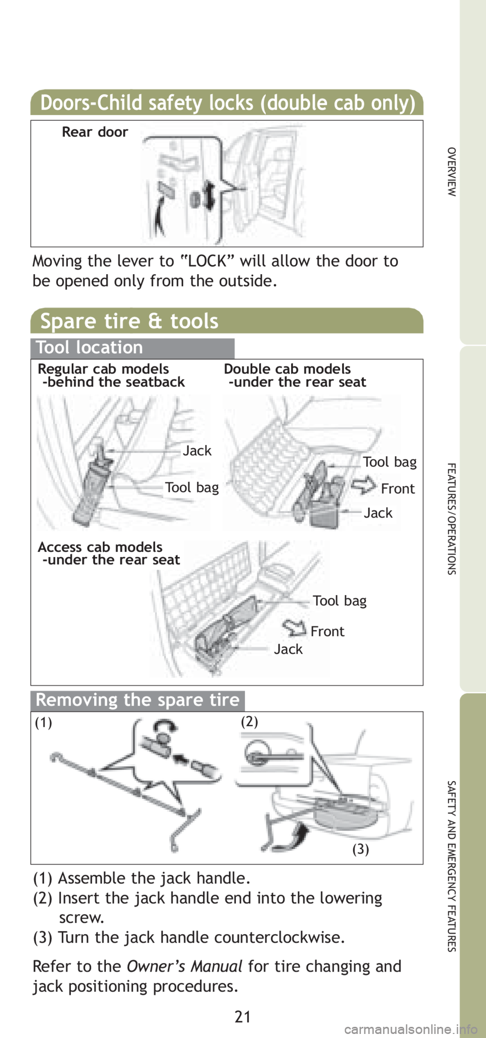 TOYOTA TACOMA 2008 (in English) Owners Manual Spare tire & tools
Tool location
Removing the spare tire
21
OVERVIEW
FEATURES/OPERATIONS
SAFETY AND EMERGENCY FEATURES
(1) Assemble the jack handle.
(2) Insert the jack handle end into the lowering
sc TOYOTA TACOMA 2008 (in English) Owners Manual Spare tire & tools
Tool location
Removing the spare tire
21
OVERVIEW
FEATURES/OPERATIONS
SAFETY AND EMERGENCY FEATURES
(1) Assemble the jack handle.
(2) Insert the jack handle end into the lowering
sc