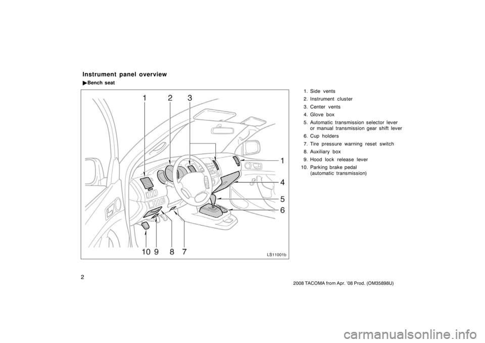 TOYOTA TACOMA 2008 Owners Manual (in English) 2
2008 TACOMA from Apr. ’08 Prod. (OM35898U)
1. Side vents
2. Instrument cluster
3. Center vents
4. Glove box
5. Automatic transmission selector leveror manual transmission gear shift lever
6. Cup h TOYOTA TACOMA 2008 Owners Manual (in English) 2
2008 TACOMA from Apr. ’08 Prod. (OM35898U)
1. Side vents
2. Instrument cluster
3. Center vents
4. Glove box
5. Automatic transmission selector leveror manual transmission gear shift lever
6. Cup h