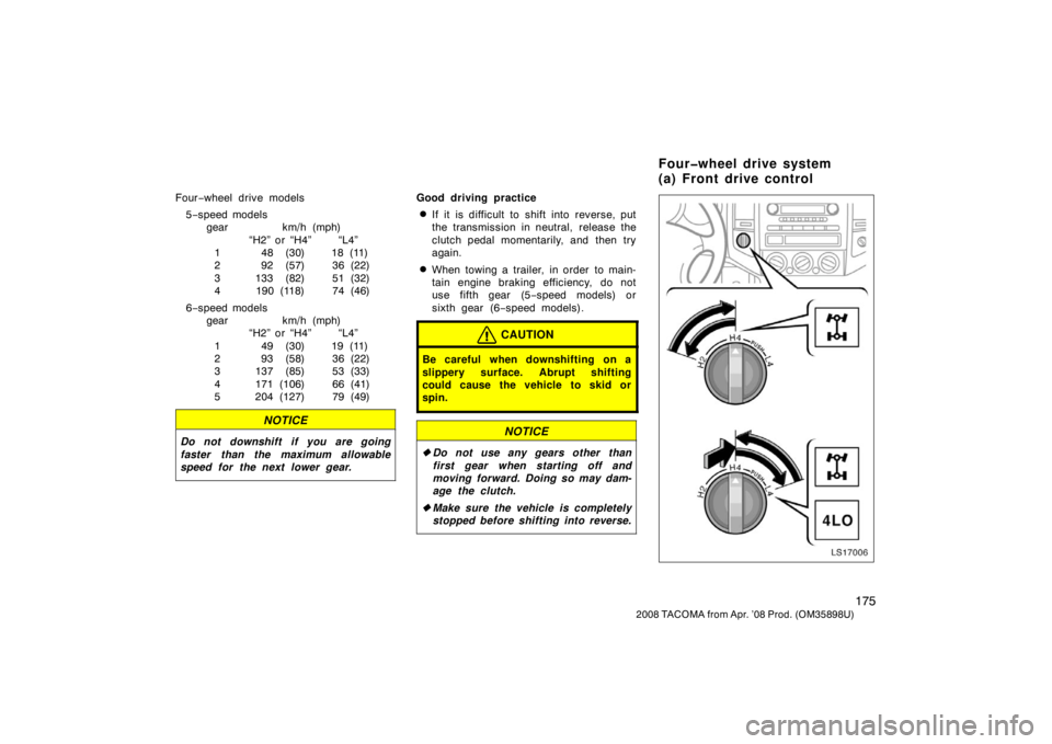 TOYOTA TACOMA 2008  Owners Manual (in English) 175
2008 TACOMA from Apr. ’08 Prod. (OM35898U)
Four−wheel drive models
5 −speed models
gear km/h (mph)
“H2” or “H4” “L4”
1 48 (30) 18 (11)
2 92 (57) 36 (22)
3 133 (82) 51 (32)
4 190 