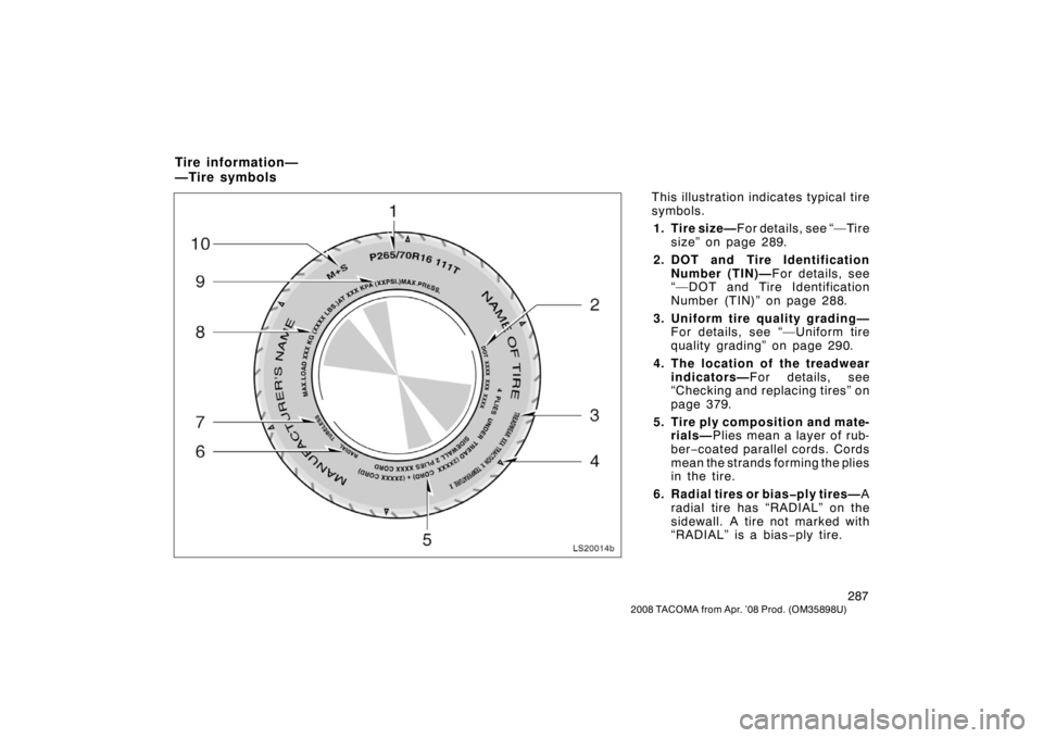 TOYOTA TACOMA 2008  Owners Manual (in English) 287
2008 TACOMA from Apr. ’08 Prod. (OM35898U)
This illustration indicates typical tire
symbols.1. Tire size— F or det ails, see “— Ti re
size” on page 289.
2. DOT and  Tire Identification N