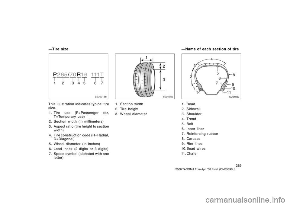 TOYOTA TACOMA 2008  Owners Manual (in English) 289
2008 TACOMA from Apr. ’08 Prod. (OM35898U)
LS20016b
This illustration indicates typical tire
size.1. Tire use (P=Passenger car, T=Temporary use)
2. Section width (in millimeters)
3. Aspect ratio