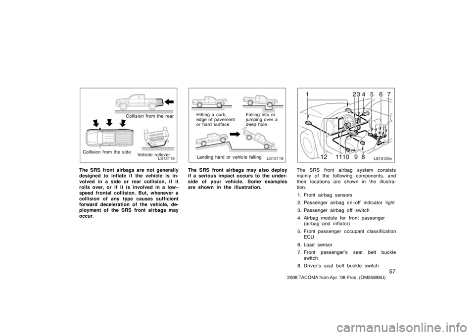 TOYOTA TACOMA 2008   (in English) Repair Manual 57
2008 TACOMA from Apr. ’08 Prod. (OM35898U)
LS13118
Collision from the rear
Collision from the side Vehicle rollover
The SRS front airbags are not generally
designed to inflate if  the vehicle is 