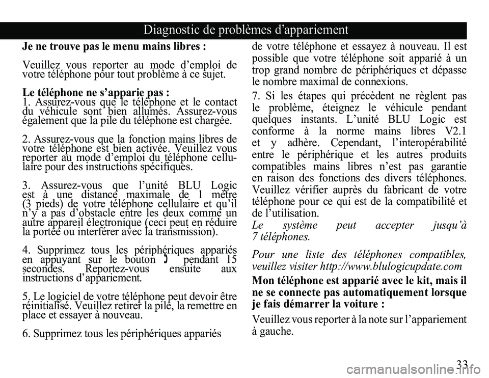 TOYOTA TACOMA 2008 Accessories, Audio & Navigation (in English) 33
Diagnostic de problèmes d’appariement
Je ne trouve pas le menu mains libres :
Veuillez vous reporter au mode d’emploi de
votre téléphone pour tout problème à ce sujet.
Le téléphon TOYOTA TACOMA 2008 Accessories, Audio & Navigation (in English) 33
Diagnostic de problèmes d’appariement
Je ne trouve pas le menu mains libres :
Veuillez vous reporter au mode d’emploi de
votre téléphone pour tout problème à ce sujet.
Le téléphon