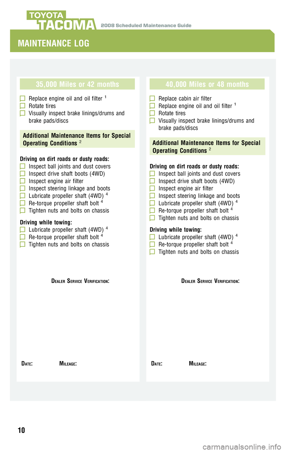 TOYOTA TACOMA 2008  Warranties & Maintenance Guides (in English) 2008 Scheduled Maintenance GuideTACOMA
35,000 Miles or 42 months
Replace engine oil and oil filter1
Rotate tiresVisually inspect brake linings/drums and 
brake pads/discs
Additional Maintenance Items 