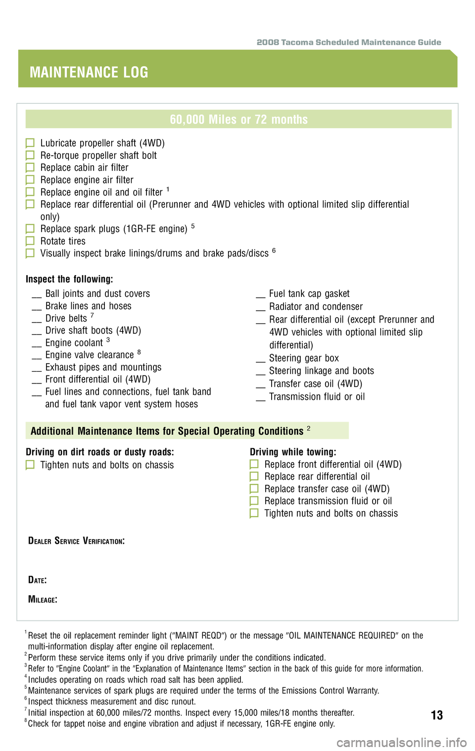TOYOTA TACOMA 2008 Warranties & Maintenance Guides (in English) 2008 Tacoma Scheduled Maintenance Guide
60,000 Miles or 72 months
Lubricate propeller shaft (4WD)Re-torque propeller shaft boltReplace cabin air filterReplace engine air filterReplace engine oil and o TOYOTA TACOMA 2008 Warranties & Maintenance Guides (in English) 2008 Tacoma Scheduled Maintenance Guide
60,000 Miles or 72 months
Lubricate propeller shaft (4WD)Re-torque propeller shaft boltReplace cabin air filterReplace engine air filterReplace engine oil and o