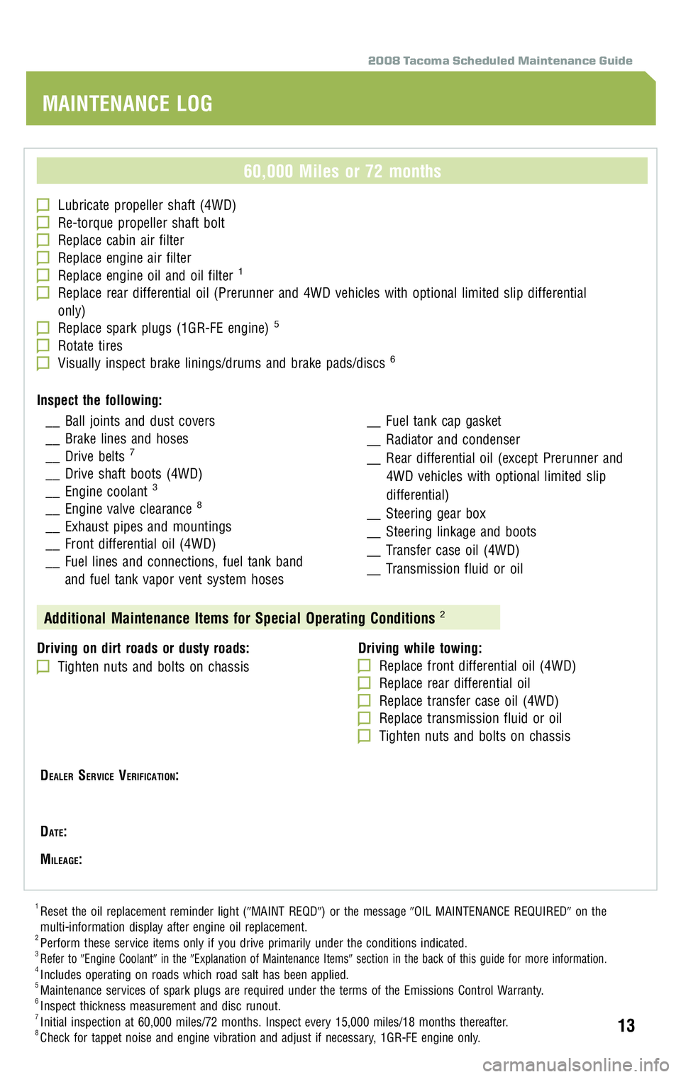 TOYOTA TACOMA 2008  Warranties & Maintenance Guides (in English) 2008 Tacoma Scheduled Maintenance Guide
60,000 Miles or 72 months
Lubricate propeller shaft (4WD)Re-torque propeller shaft boltReplace cabin air filterReplace engine air filterReplace engine oil and o