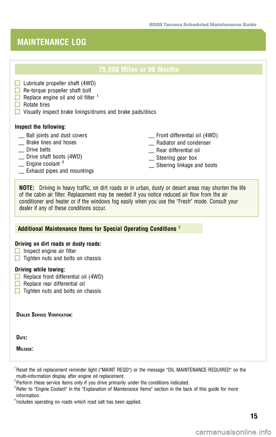TOYOTA TACOMA 2008  Warranties & Maintenance Guides (in English) 2008 Tacoma Scheduled Maintenance Guide
75,000 Miles or 90 Months
Lubricate propeller shaft (4WD)Re-torque propeller shaft boltReplace engine oil and oil filter1
Rotate tiresVisually inspect brake lin