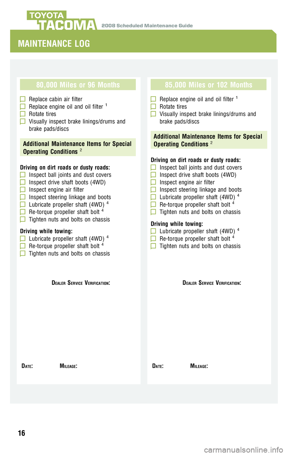 TOYOTA TACOMA 2008  Warranties & Maintenance Guides (in English) 2008 Scheduled Maintenance GuideTACOMA
80,000 Miles or 96 Months
Replace cabin air filterReplace engine oil and oil filter1
Rotate tiresVisually inspect brake linings/drums and 
brake pads/discs
Addit