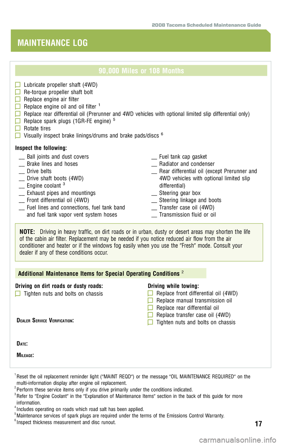 TOYOTA TACOMA 2008 Warranties & Maintenance Guides (in English) 2008 Tacoma Scheduled Maintenance Guide
90,000 Miles or 108 Months
Lubricate propeller shaft (4WD)Re-torque propeller shaft boltReplace engine air filterReplace engine oil and oil filter1
Replace rear TOYOTA TACOMA 2008 Warranties & Maintenance Guides (in English) 2008 Tacoma Scheduled Maintenance Guide
90,000 Miles or 108 Months
Lubricate propeller shaft (4WD)Re-torque propeller shaft boltReplace engine air filterReplace engine oil and oil filter1
Replace rear