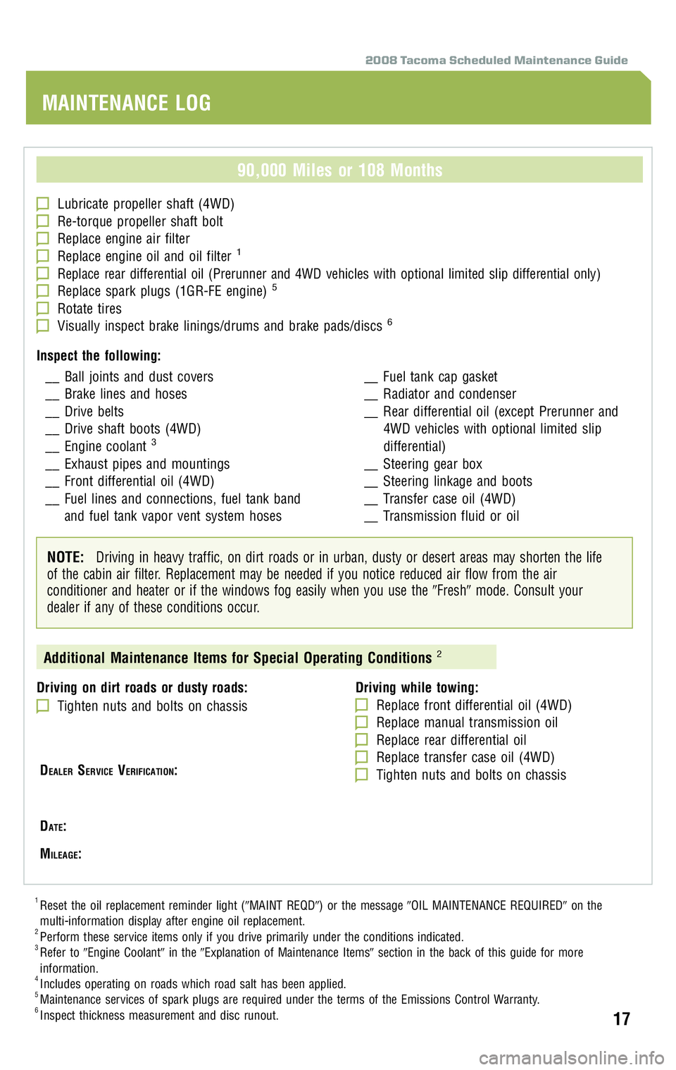 TOYOTA TACOMA 2008  Warranties & Maintenance Guides (in English) 2008 Tacoma Scheduled Maintenance Guide
90,000 Miles or 108 Months
Lubricate propeller shaft (4WD)Re-torque propeller shaft boltReplace engine air filterReplace engine oil and oil filter1
Replace rear