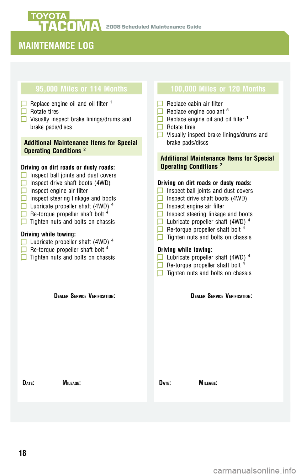 TOYOTA TACOMA 2008 Warranties & Maintenance Guides (in English) 2008 Scheduled Maintenance GuideTACOMA
95,000 Miles or 114 Months
Replace engine oil and oil filter1
Rotate tiresVisually inspect brake linings/drums and
brake pads/discs
Additional Maintenance Items TOYOTA TACOMA 2008 Warranties & Maintenance Guides (in English) 2008 Scheduled Maintenance GuideTACOMA
95,000 Miles or 114 Months
Replace engine oil and oil filter1
Rotate tiresVisually inspect brake linings/drums and
brake pads/discs
Additional Maintenance Items