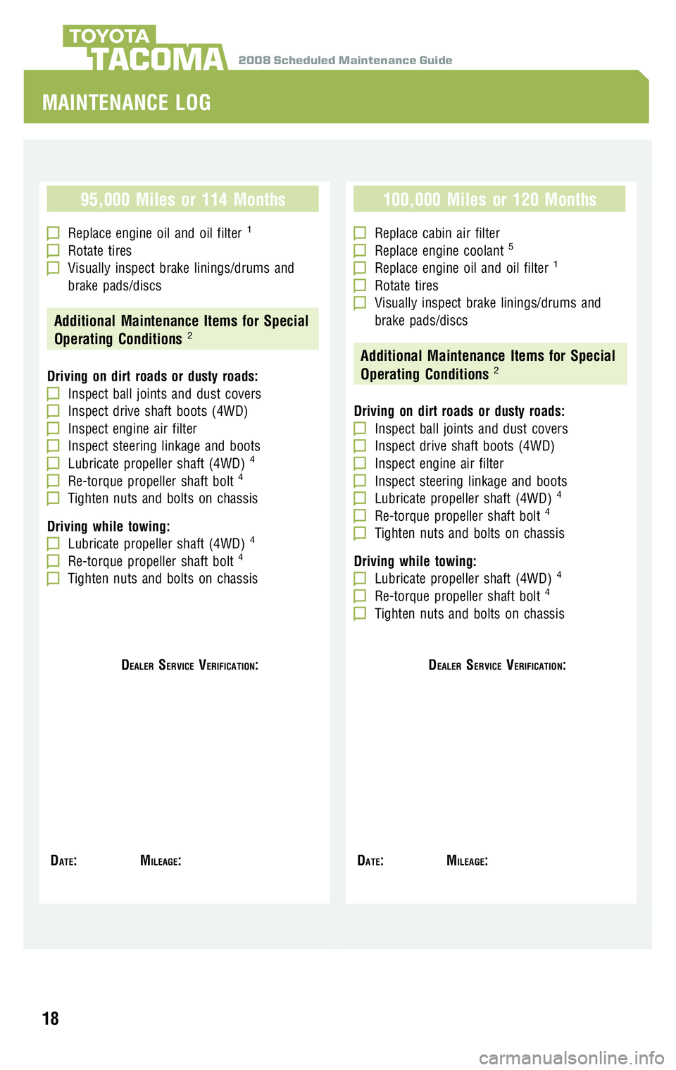 TOYOTA TACOMA 2008  Warranties & Maintenance Guides (in English) 2008 Scheduled Maintenance GuideTACOMA
95,000 Miles or 114 Months
Replace engine oil and oil filter1
Rotate tiresVisually inspect brake linings/drums and 
brake pads/discs
Additional Maintenance Items