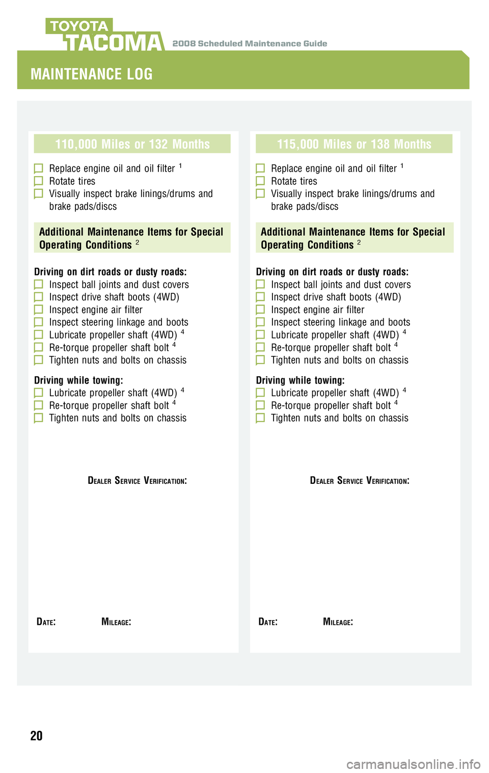 TOYOTA TACOMA 2008 Warranties & Maintenance Guides (in English) 2008 Scheduled Maintenance GuideTACOMA
110,000 Miles or 132 Months
Replace engine oil and oil filter1
Rotate tiresVisually inspect brake linings/drums and
brake pads/discs
Additional Maintenance Item TOYOTA TACOMA 2008 Warranties & Maintenance Guides (in English) 2008 Scheduled Maintenance GuideTACOMA
110,000 Miles or 132 Months
Replace engine oil and oil filter1
Rotate tiresVisually inspect brake linings/drums and
brake pads/discs
Additional Maintenance Item