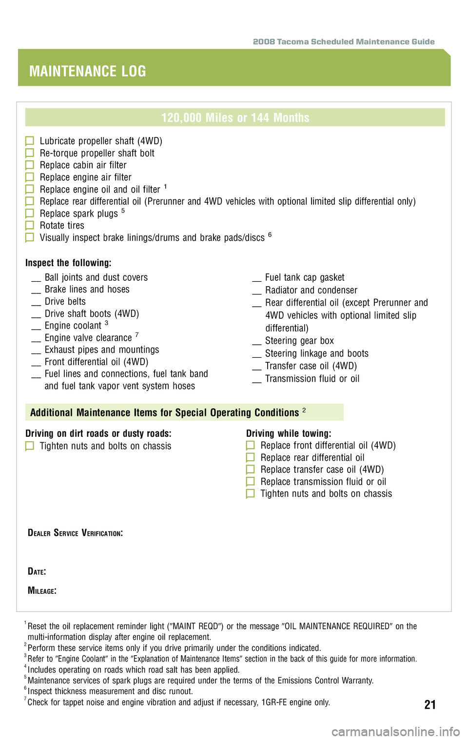 TOYOTA TACOMA 2008 Warranties & Maintenance Guides (in English) 2008 Tacoma Scheduled Maintenance Guide
120,000 Miles or 144 Months
Lubricate propeller shaft (4WD)Re-torque propeller shaft boltReplace cabin air filterReplace engine air filterReplace engine oil and TOYOTA TACOMA 2008 Warranties & Maintenance Guides (in English) 2008 Tacoma Scheduled Maintenance Guide
120,000 Miles or 144 Months
Lubricate propeller shaft (4WD)Re-torque propeller shaft boltReplace cabin air filterReplace engine air filterReplace engine oil and