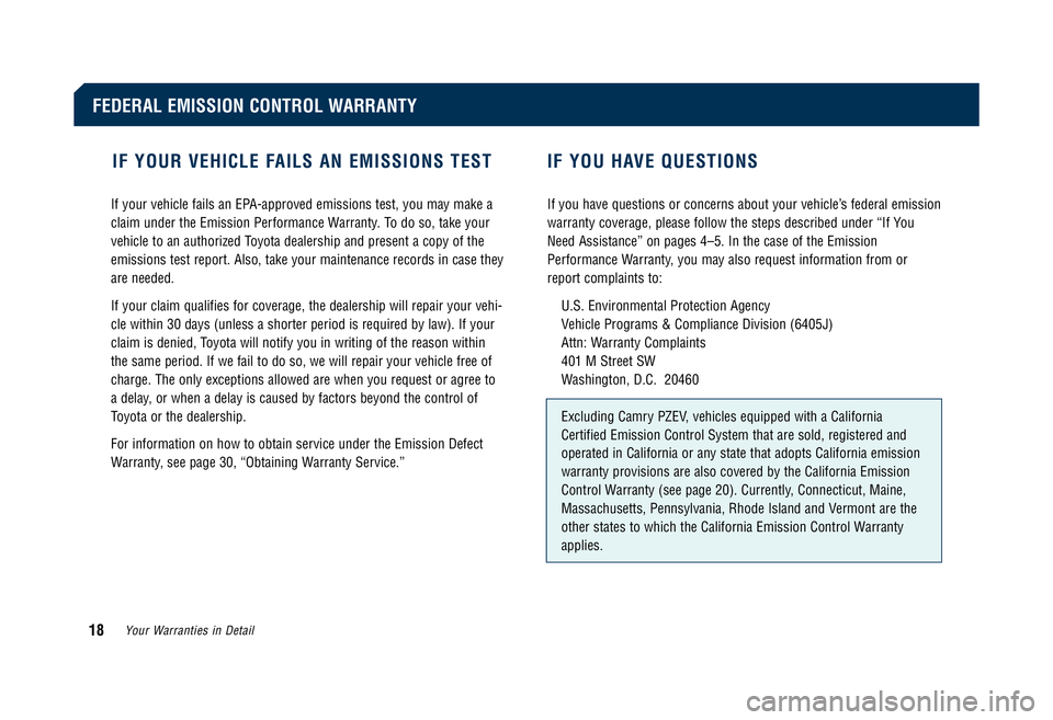 TOYOTA TACOMA 2008 Warranties & Maintenance Guides (in English) IF YOUR VEHICLE FAILS AN EMISSIONS TEST IF YOU HAVE QUESTIONS
If your vehicle fails an EPA-approved emissions test, you may make a
claim under the Emission Performance Warranty. To do so, take your
v TOYOTA TACOMA 2008 Warranties & Maintenance Guides (in English) IF YOUR VEHICLE FAILS AN EMISSIONS TEST IF YOU HAVE QUESTIONS
If your vehicle fails an EPA-approved emissions test, you may make a
claim under the Emission Performance Warranty. To do so, take your
v