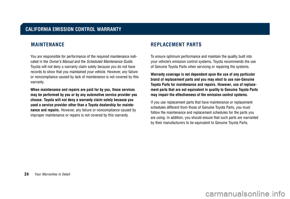 TOYOTA TACOMA 2008 Warranties & Maintenance Guides (in English) MAINTENANCE REPLACEMENT PARTS
You are responsible for performance of the required maintenance indi-
cated in the
Owner’s Manualand the Scheduled Maintenance Guide.
Toyota will not deny a warranty TOYOTA TACOMA 2008 Warranties & Maintenance Guides (in English) MAINTENANCE REPLACEMENT PARTS
You are responsible for performance of the required maintenance indi-
cated in the
Owner’s Manualand the Scheduled Maintenance Guide.
Toyota will not deny a warranty
