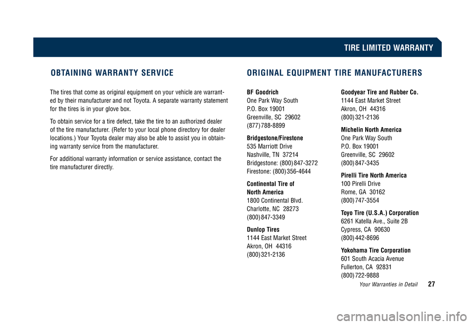 TOYOTA TACOMA 2008 Warranties & Maintenance Guides (in English) The tires that come as original equipment on your vehicle are warrant-
ed by their manufacturer and not Toyota. A separate warranty statement
for the tires is in your glove box.
To obtain service fo TOYOTA TACOMA 2008 Warranties & Maintenance Guides (in English) The tires that come as original equipment on your vehicle are warrant-
ed by their manufacturer and not Toyota. A separate warranty statement
for the tires is in your glove box.
To obtain service fo