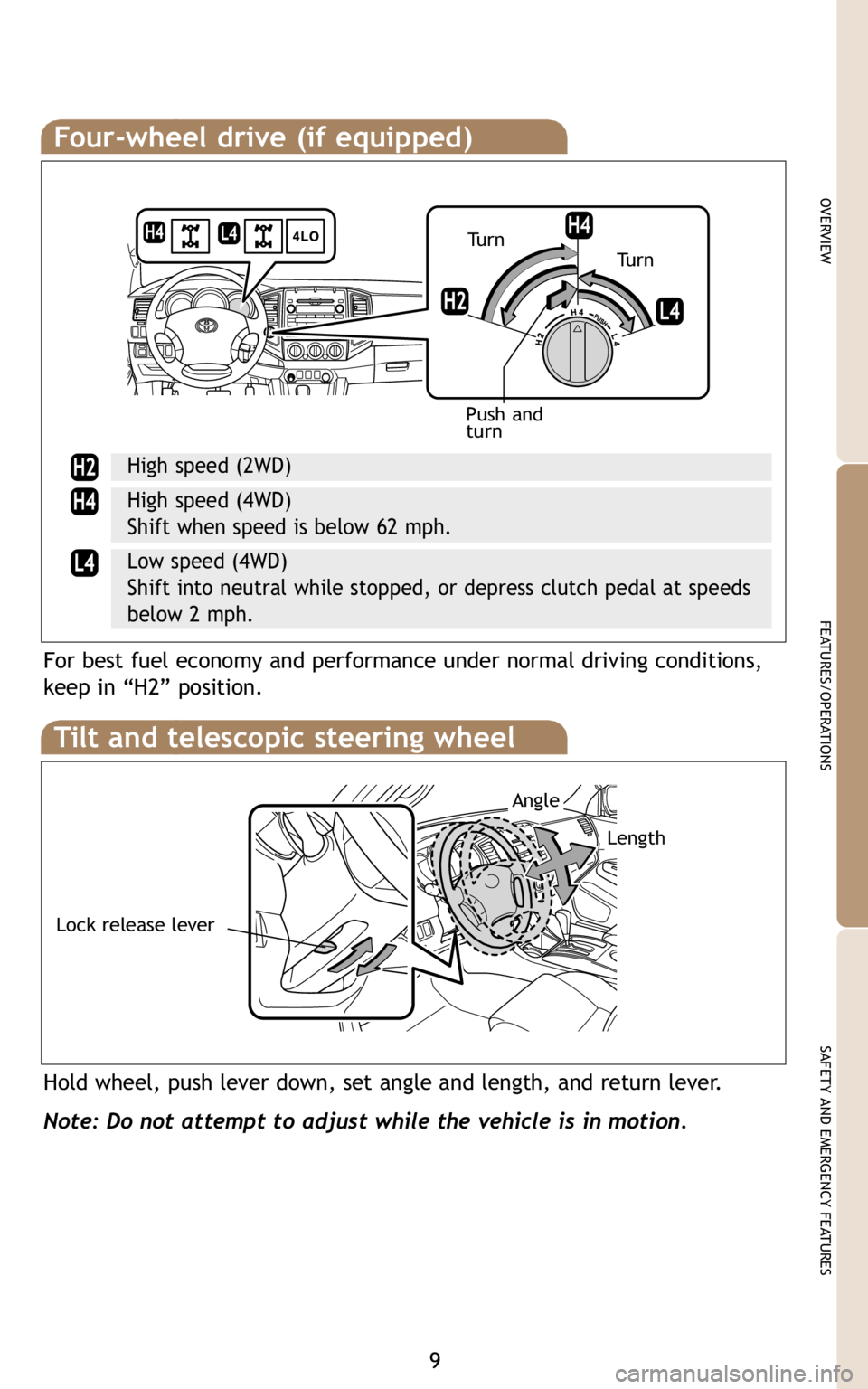 TOYOTA TACOMA 2009  Owners Manual (in English) 9
OVERVIEW
FEATURES/OPERATIONS
SAFETY AND EMERGENCY FEATURES
Four-wheel drive (if equipped)
High speed (2WD)
High speed (4WD)
Shift when speed is below 62 mph.
Low speed (4WD)
Shift into neutral while