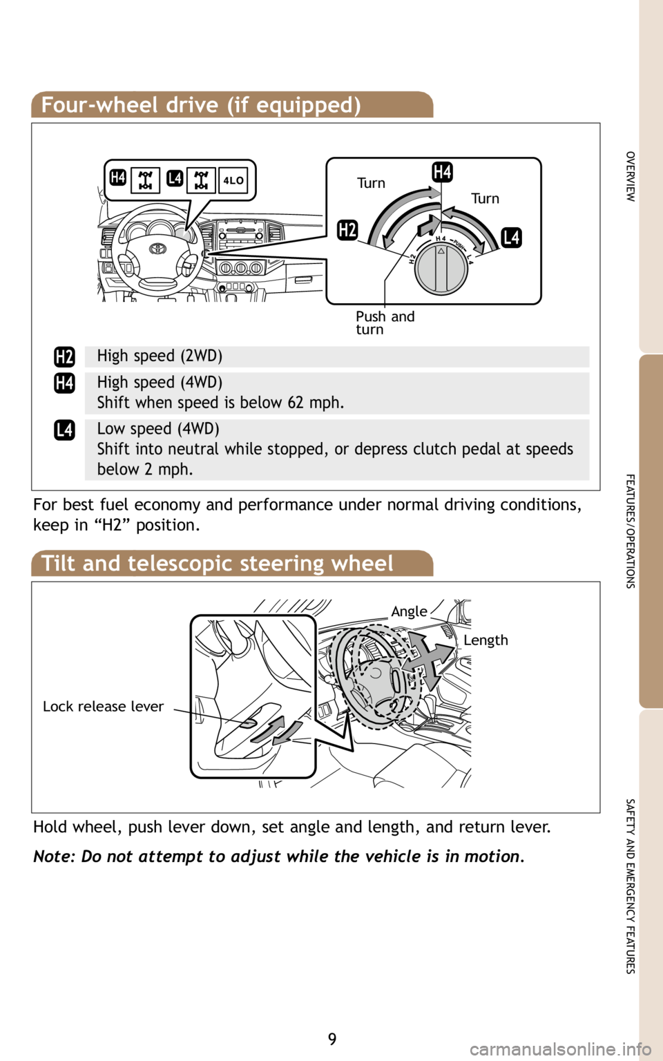 TOYOTA TACOMA 2009   (in English) User Guide 9
OVERVIEW
FEATURES/OPERATIONS
SAFETY AND EMERGENCY FEATURES
Four-wheel drive (if equipped)
High speed (2WD)
High speed (4WD)
Shift when speed is below 62 mph.
Low speed (4WD)
Shift into neutral while