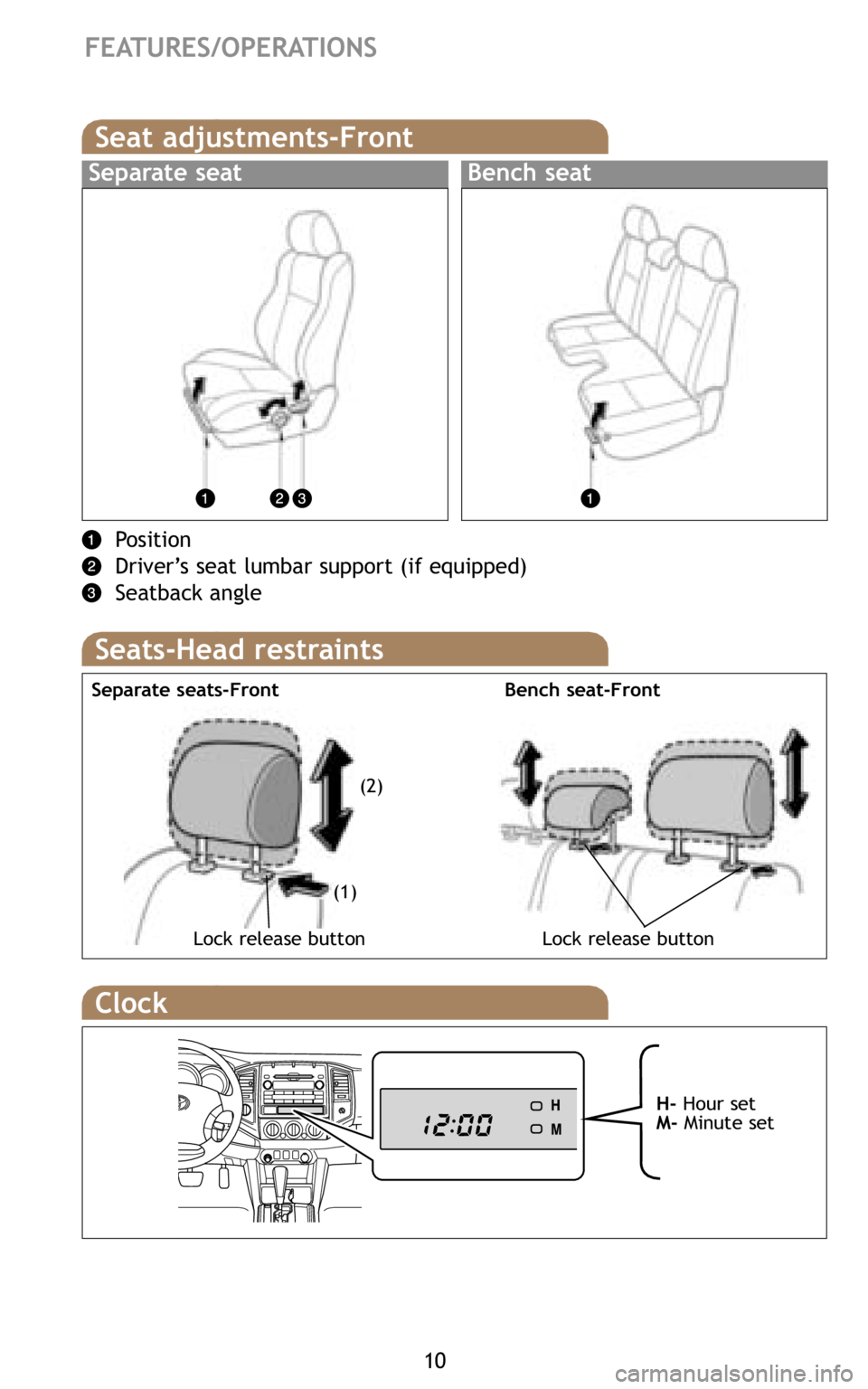 TOYOTA TACOMA 2009   (in English) User Guide 10
FEATURES/OPERATIONS
Seat adjustments-Front
Separate seatBench seat
Position
Driver’s seat lumbar support (if equipped)
Seatback angle
Seats-Head restraints
Bench seat-Front Separate seats-Front
L
