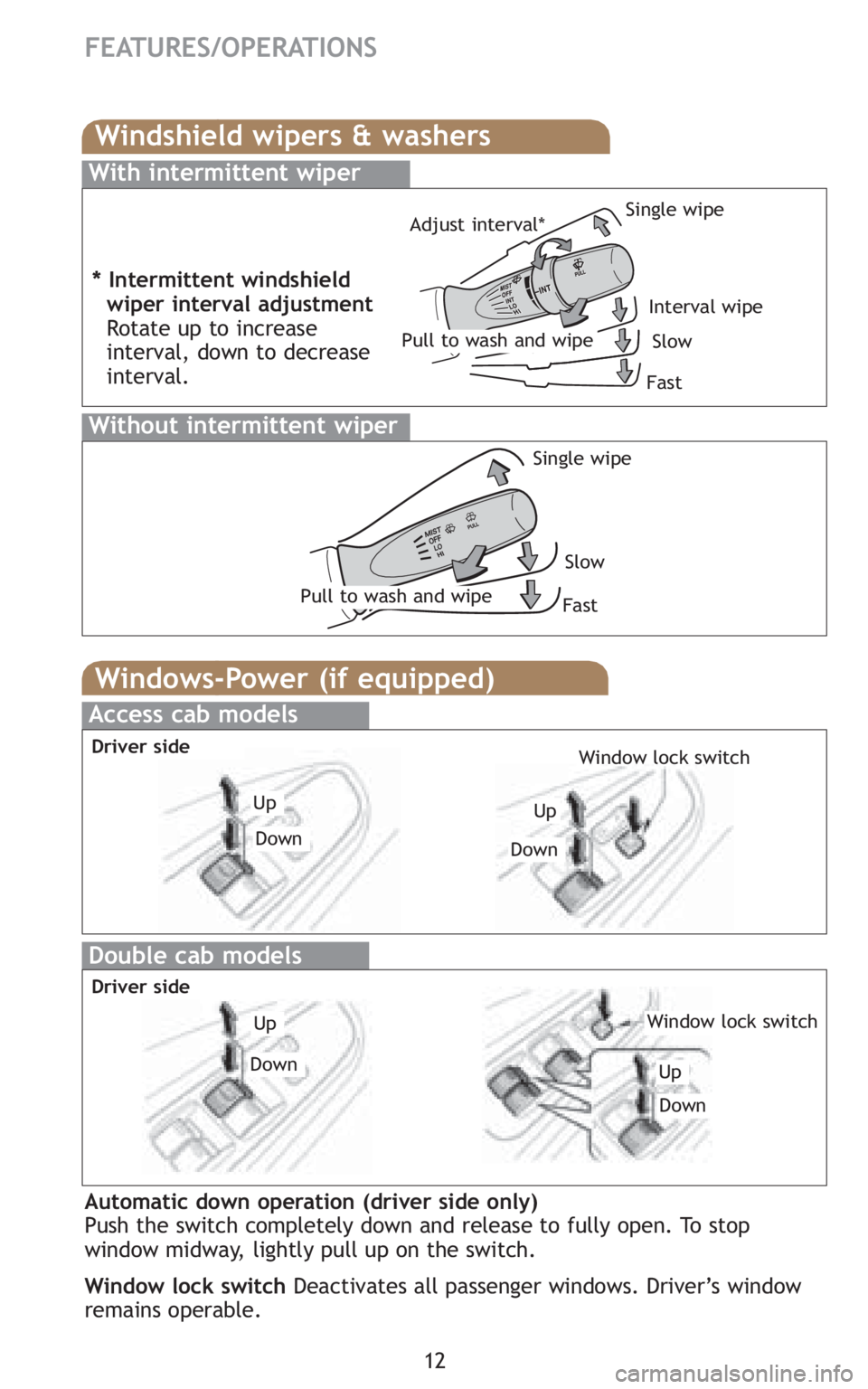 TOYOTA TACOMA 2009   (in English) User Guide 12
FEATURES/OPERATIONS
Windshield wipers & washers
Interval wipe
Single wipe
Slow
Fast
Pull to wash and wipeAdjust interval*
With intermittent wiper
Without intermittent wiper
Pull to wash and wipe
Si