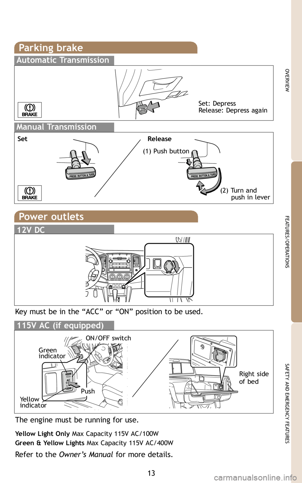 TOYOTA TACOMA 2009   (in English) User Guide 13
OVERVIEW
FEATURES/OPERATIONS
SAFETY AND EMERGENCY FEATURES
Parking brake
Manual Transmission
Set
Release
(2) Turn and 
push in lever
Automatic Transmission
Set: Depress
Release: Depress again
Power
