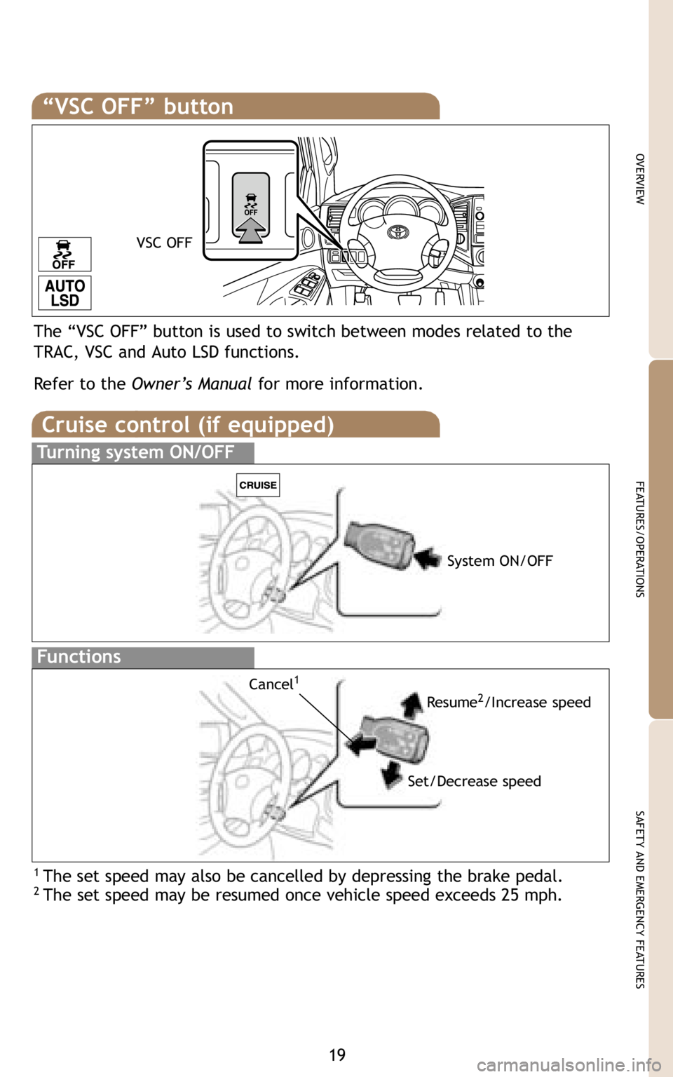 TOYOTA TACOMA 2009 Owners Manual (in English) 19
OVERVIEW
FEATURES/OPERATIONS
SAFETY AND EMERGENCY FEATURES
VSC OFF
The “VSC OFF” button is used to switch between modes related to the
TRAC, VSC and Auto LSD functions.
Refer to the
Owner’s TOYOTA TACOMA 2009 Owners Manual (in English) 19
OVERVIEW
FEATURES/OPERATIONS
SAFETY AND EMERGENCY FEATURES
VSC OFF
The “VSC OFF” button is used to switch between modes related to the
TRAC, VSC and Auto LSD functions.
Refer to the
Owner’s