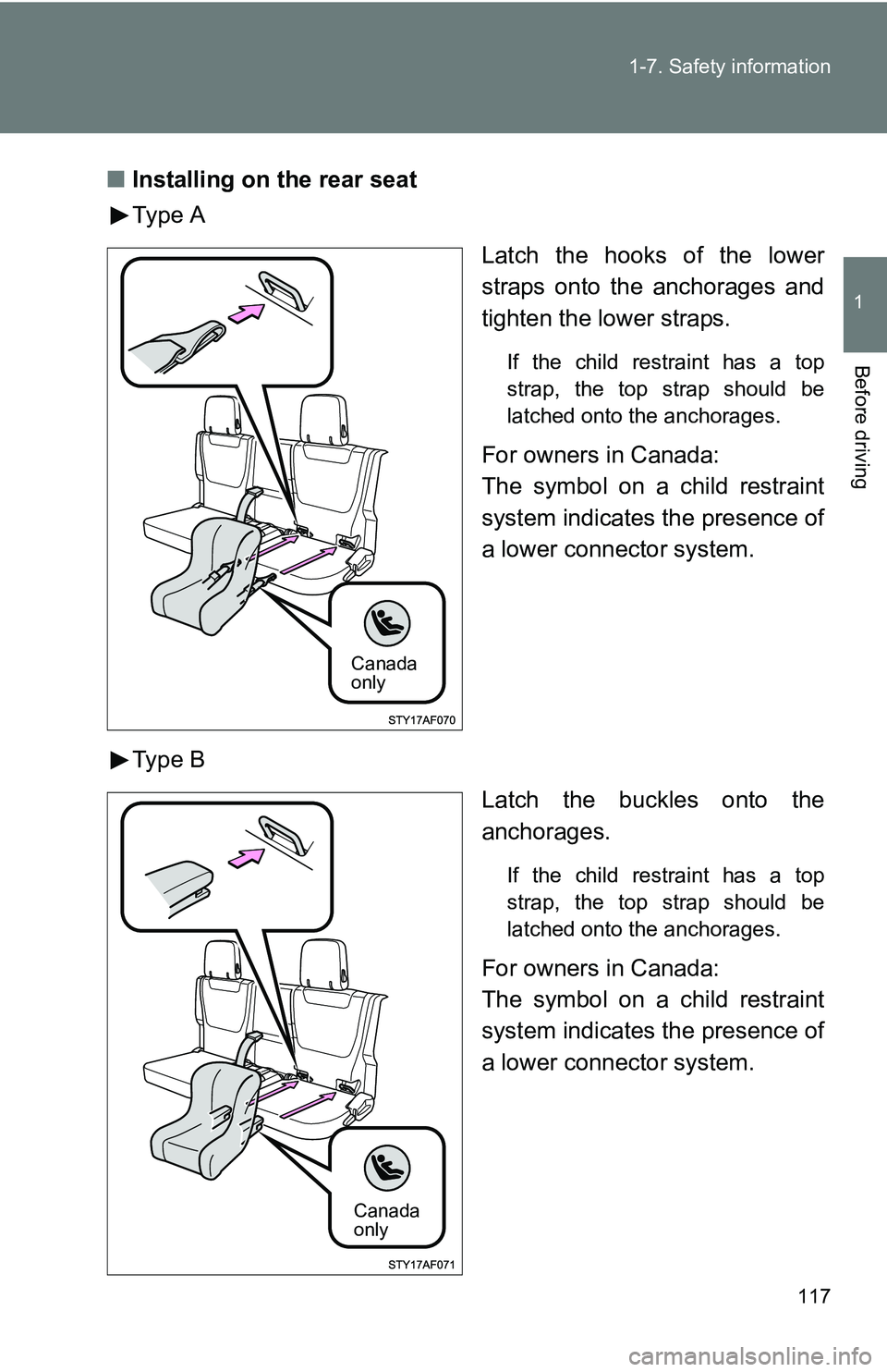 TOYOTA TACOMA 2009  Owners Manual (in English) 117
1-7. Safety information
1
Before driving
■
Installing on the rear seat
Type A
Latch the hooks of the lower
straps onto the anchorages and
tighten the lower straps.
If the child restraint has a t