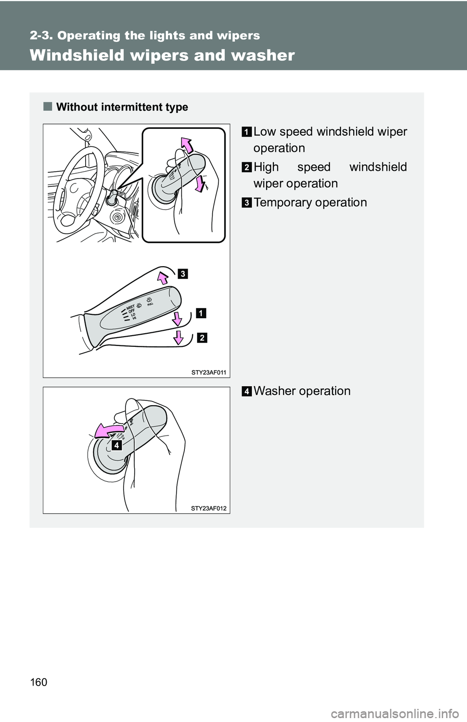 TOYOTA TACOMA 2009  Owners Manual (in English) 160
2-3. Operating the lights and wipers
Windshield wipers and washer
■Without intermittent type
Low speed windshield wiper
operation
High speed windshield
wiper operation
Temporary operation
Washer
