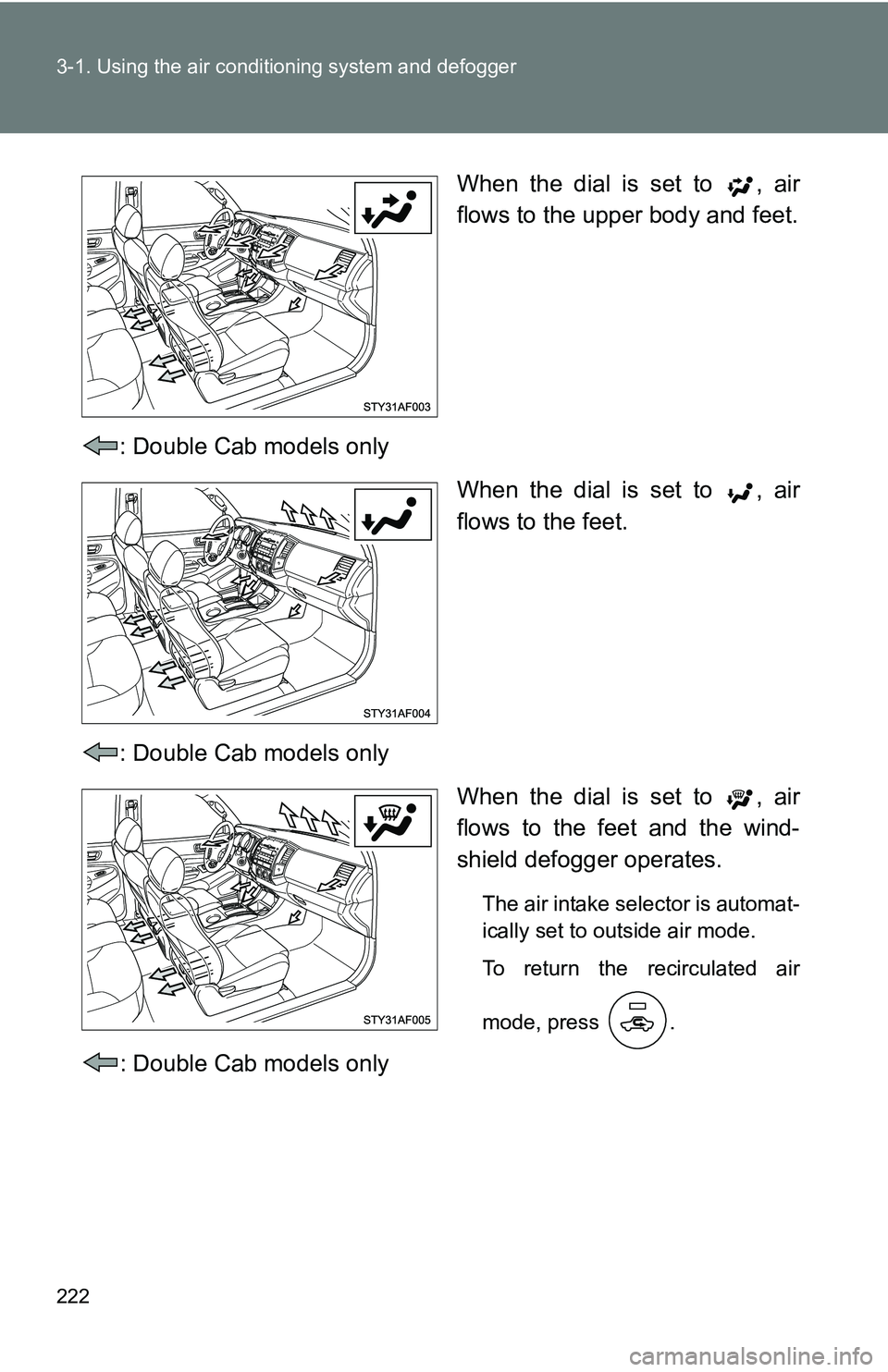 TOYOTA TACOMA 2009  Owners Manual (in English) 222 3-1. Using the air conditioning system and defogger
When the dial is set to  , air
flows to the upper body and feet.
: Double Cab models only When the dial is set to  , air
flows to the feet.
: Do