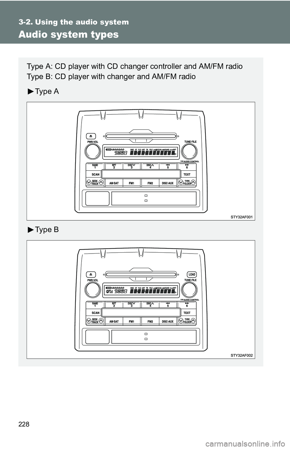 TOYOTA TACOMA 2009  Owners Manual (in English) 228
3-2. Using the audio system
Audio system types 
Type A: CD player with CD changer controller and AM/FM radio
Type B: CD player with changer and AM/FM radio
Ty p e  A
Ty p e  B 