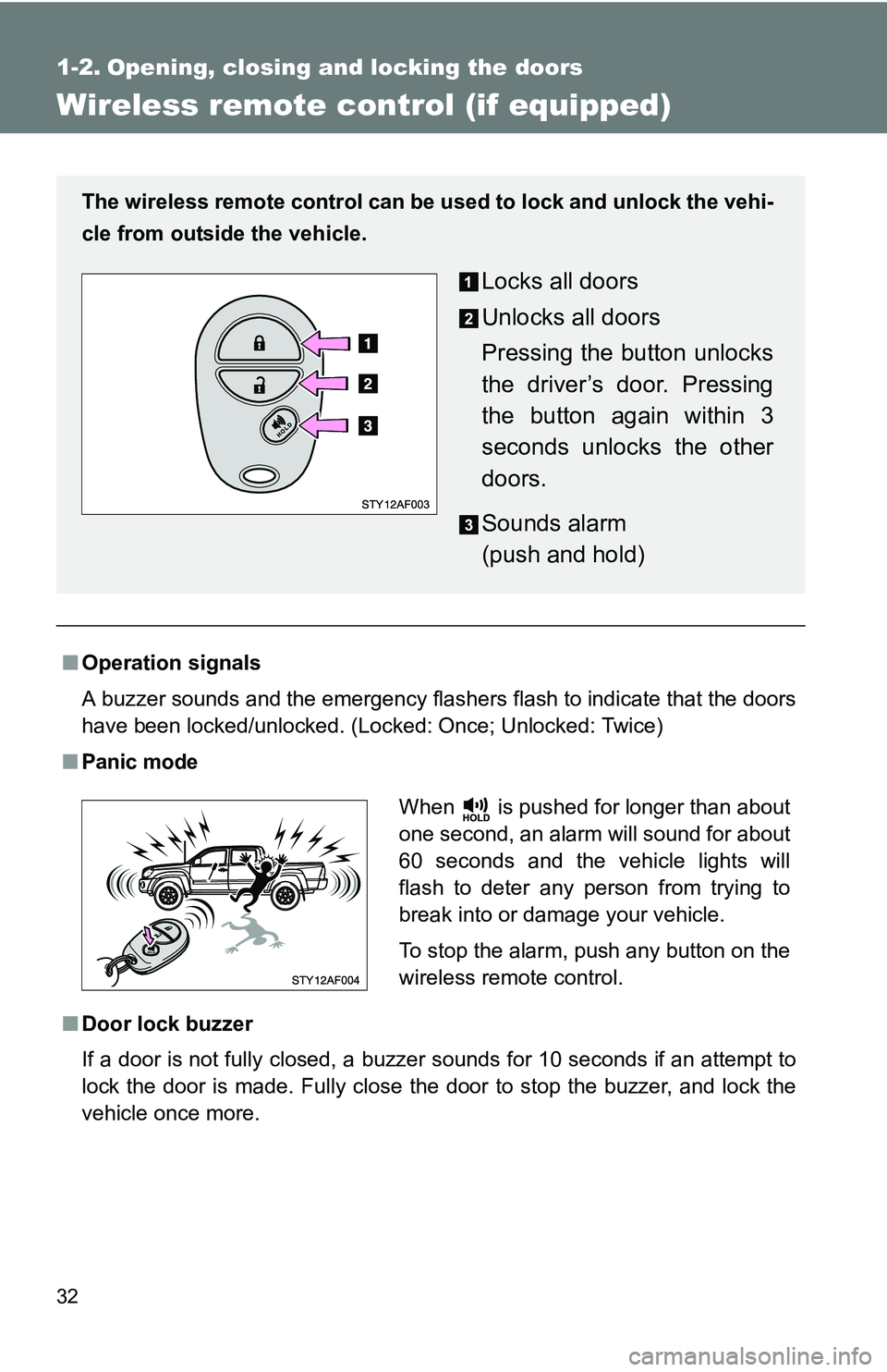 TOYOTA TACOMA 2009   (in English) Owners Guide 32
1-2. Opening, closing and locking the doors
Wireless remote control (if equipped)
■Operation signals
A buzzer sounds and the emergency flashers flash to indicate that the doors
have been locked/u