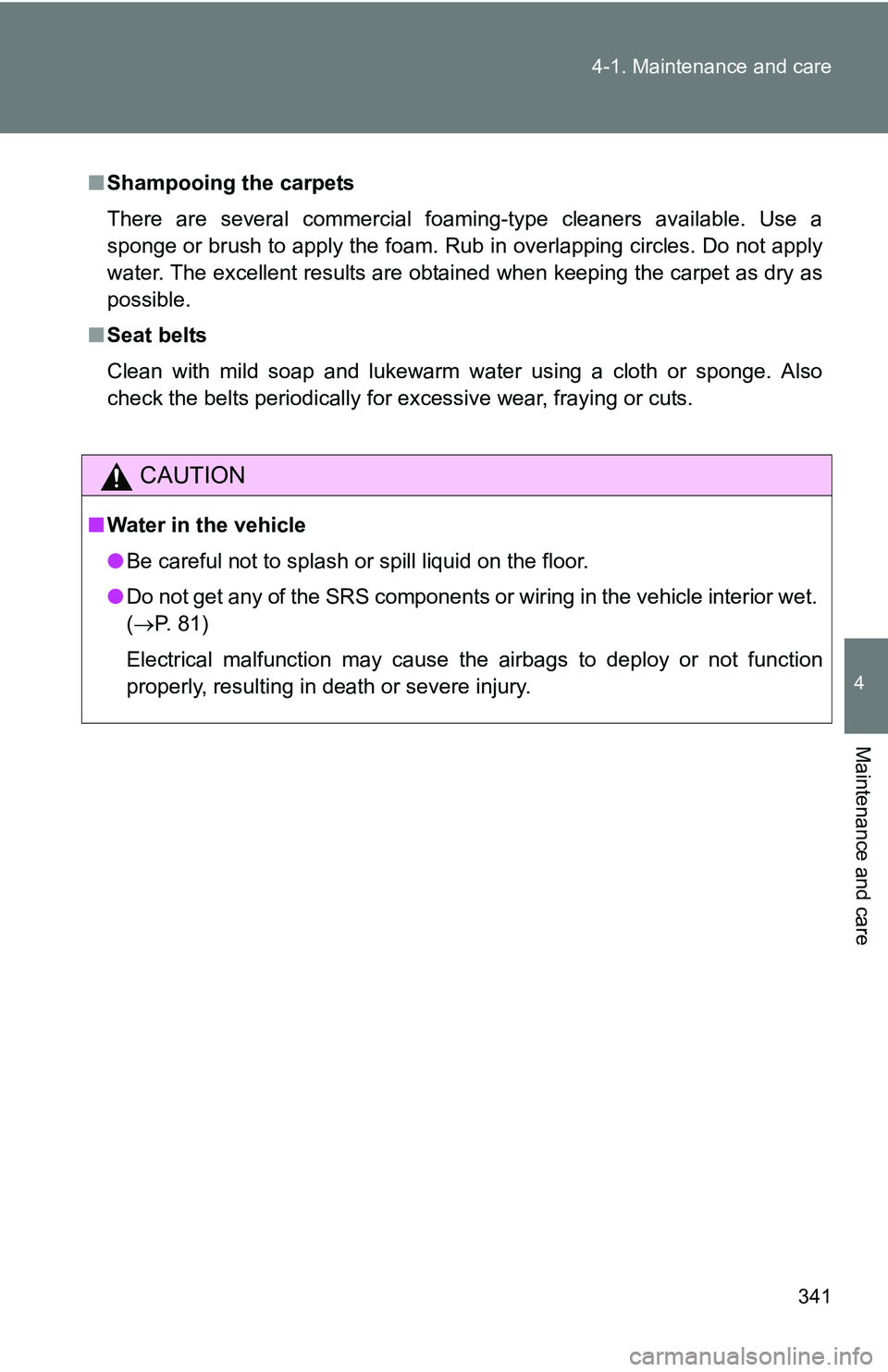 TOYOTA TACOMA 2009 Owners Manual (in English) 341
4-1. Maintenance and care
4
Maintenance and care
■
Shampooing the carpets
There are several commercial foaming-type cleaners available. Use a
sponge or brush to apply the foam. Rub in overlappin TOYOTA TACOMA 2009 Owners Manual (in English) 341
4-1. Maintenance and care
4
Maintenance and care
■
Shampooing the carpets
There are several commercial foaming-type cleaners available. Use a
sponge or brush to apply the foam. Rub in overlappin