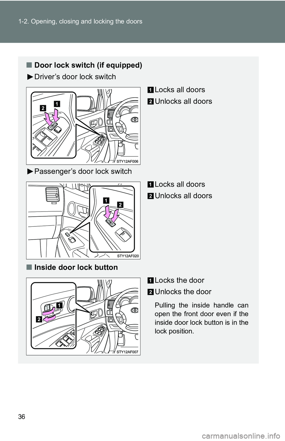 TOYOTA TACOMA 2009   (in English) Owners Guide 36 1-2. Opening, closing and locking the doors
■Door lock switch (if equipped)
Driver’s door lock switch
Locks all doors
Unlocks all doors
Passenger’s door lock switch Locks all doors
Unlocks al