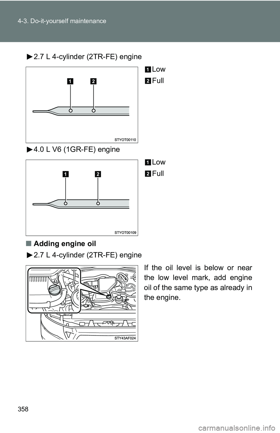 TOYOTA TACOMA 2009  Owners Manual (in English) 358 4-3. Do-it-yourself maintenance
2.7 L 4-cylinder (2TR-FE) engineLow
Full
4.0 L V6 (1GR-FE) engine Low
Full
■ Adding engine oil
2.7 L 4-cylinder (2TR-FE) engine
If the oil level is below or near
