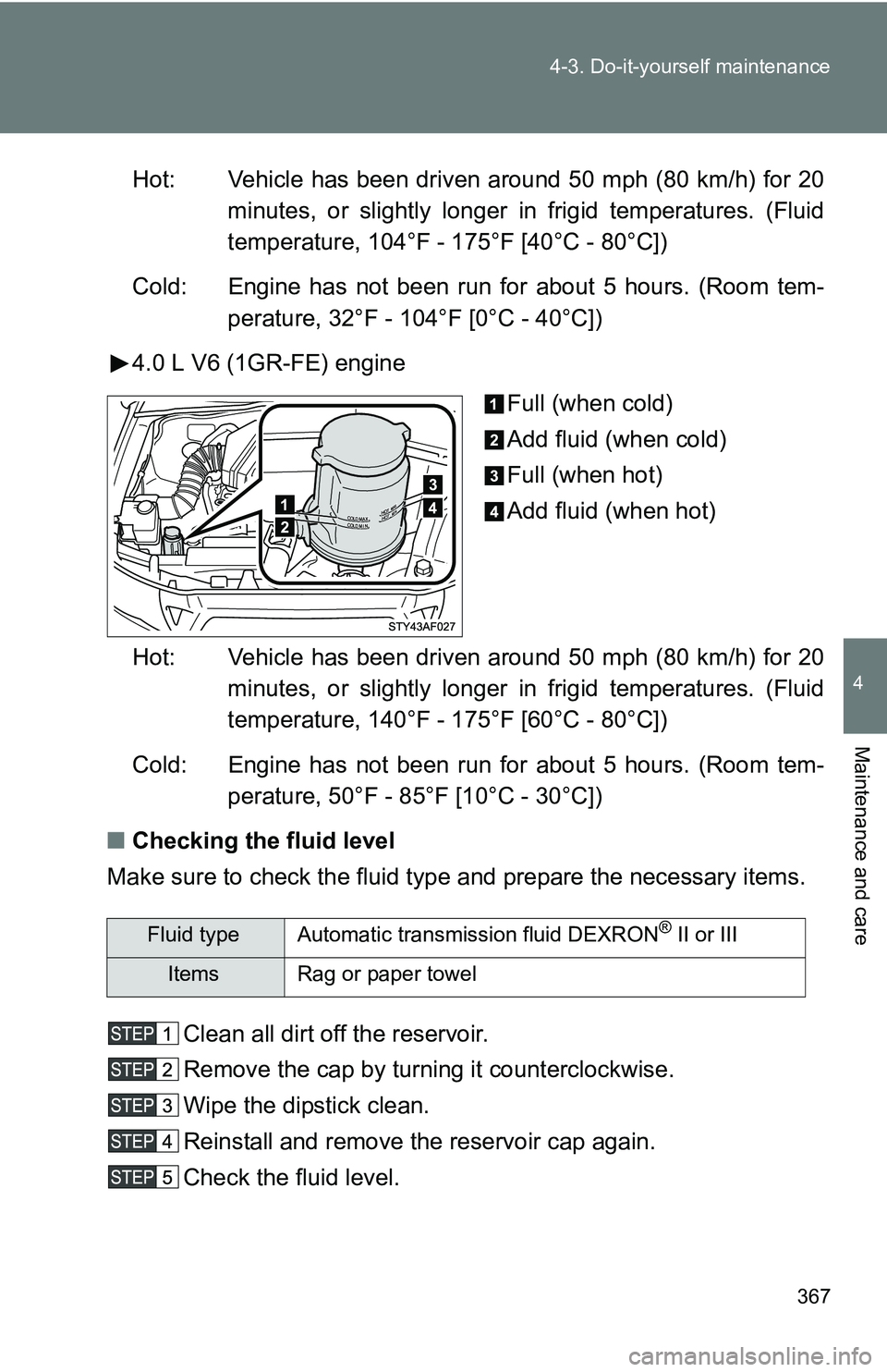 TOYOTA TACOMA 2009 Owners Manual (in English) 367
4-3. Do-it-yourself maintenance
4
Maintenance and care
Hot: Vehicle has been driven around 50 mph (80 km/h) for 20
minutes, or slightly longer in frigid temperatures. (Fluid
temperature, 104°F - TOYOTA TACOMA 2009 Owners Manual (in English) 367
4-3. Do-it-yourself maintenance
4
Maintenance and care
Hot: Vehicle has been driven around 50 mph (80 km/h) for 20
minutes, or slightly longer in frigid temperatures. (Fluid
temperature, 104°F -