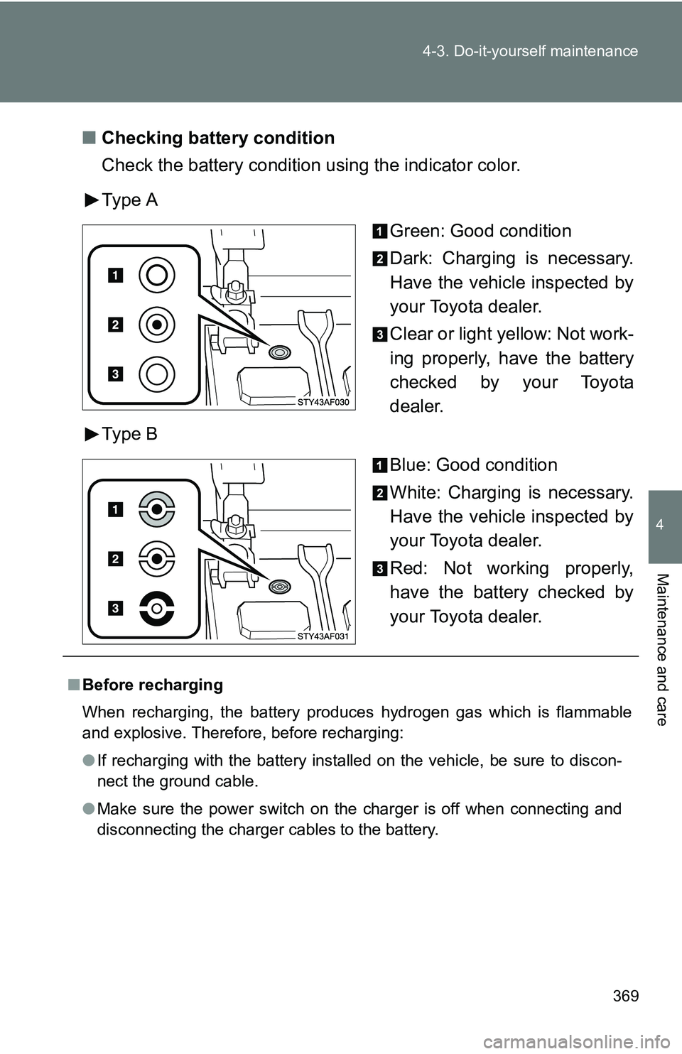 TOYOTA TACOMA 2009 Owners Manual (in English) 369
4-3. Do-it-yourself maintenance
4
Maintenance and care
■
Checking battery condition
Check the battery condition using the indicator color.
Type A
Green: Good condition
Dark: Charging is necessar TOYOTA TACOMA 2009 Owners Manual (in English) 369
4-3. Do-it-yourself maintenance
4
Maintenance and care
■
Checking battery condition
Check the battery condition using the indicator color.
Type A
Green: Good condition
Dark: Charging is necessar