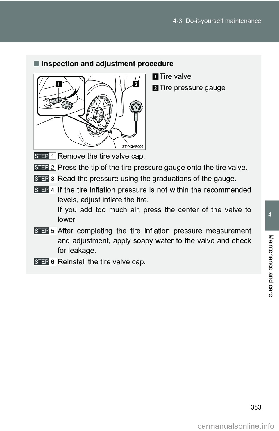 TOYOTA TACOMA 2009  Owners Manual (in English) 383
4-3. Do-it-yourself maintenance
4
Maintenance and care
■
Inspection and adjustment procedure
Tire valve
Tire pressure gauge
Remove the tire valve cap.
Press the tip of the tire pressure gauge on