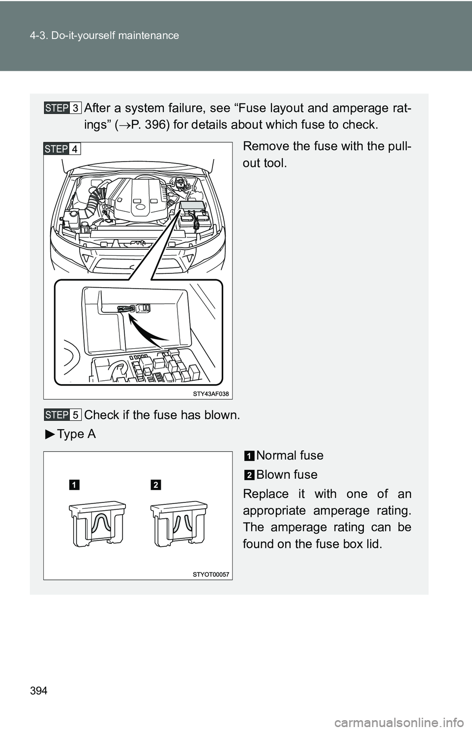 TOYOTA TACOMA 2009  Owners Manual (in English) 394 4-3. Do-it-yourself maintenance
After a system failure, see “Fuse layout and amperage rat-
ings” (P. 396) for details about which fuse to check.
Remove the fuse with the pull-
out tool.
Che