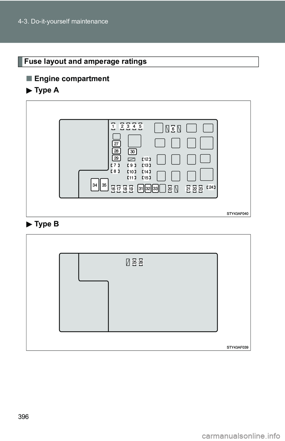 TOYOTA TACOMA 2009  Owners Manual (in English) 396 4-3. Do-it-yourself maintenance
Fuse layout and amperage ratings■ Engine compartment 
Ty p e  A
Ty p e  B 
