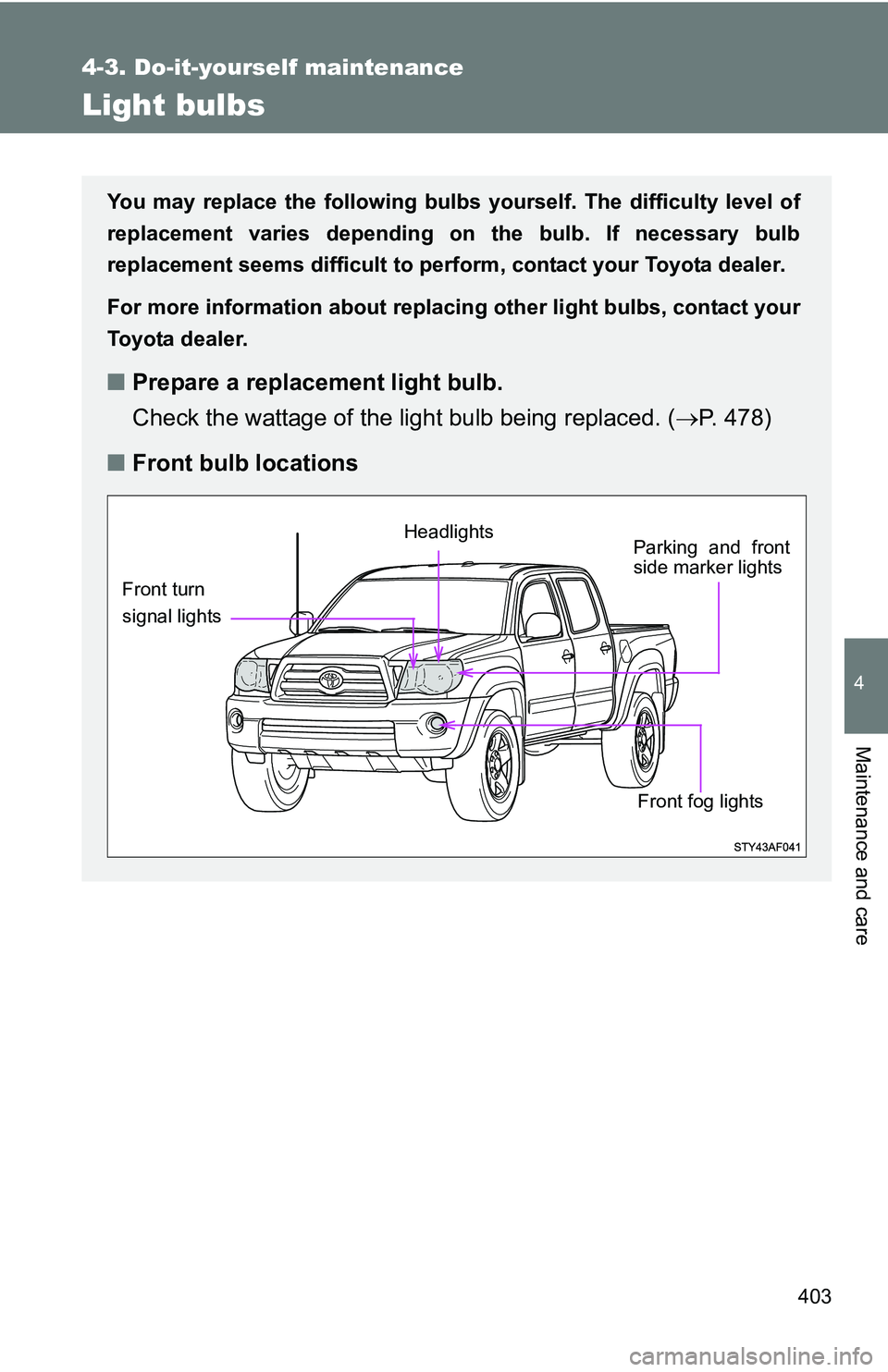 TOYOTA TACOMA 2009  Owners Manual (in English) 403
4-3. Do-it-yourself maintenance
4
Maintenance and care
Light bulbs
You may replace the following bulbs yourself. The difficulty level of
replacement varies depending on the bulb. If necessary bulb