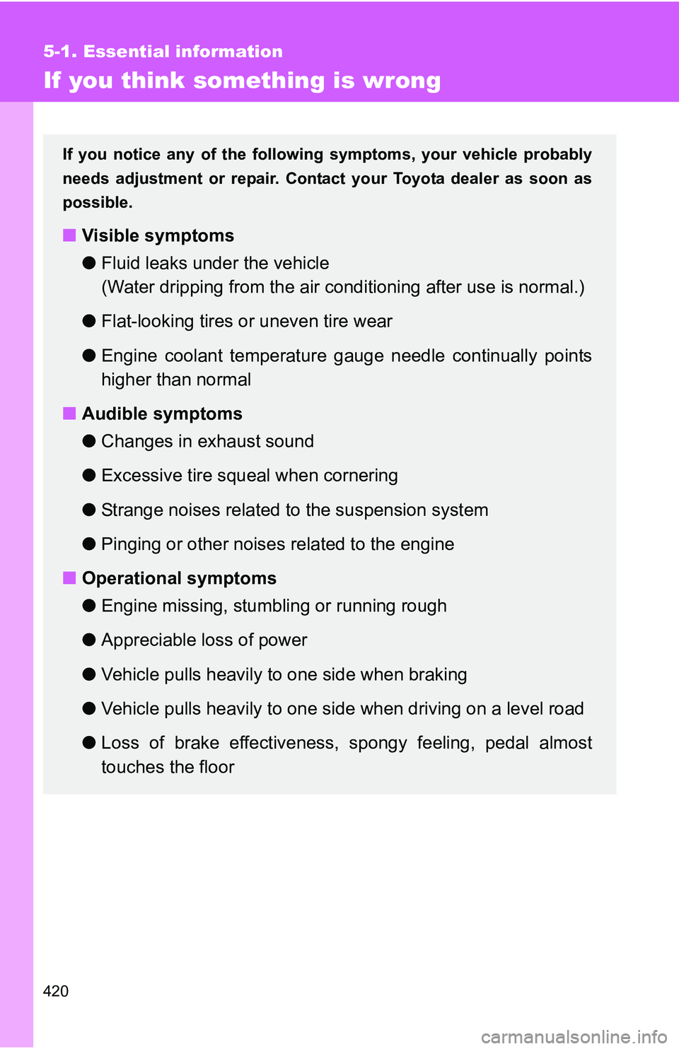 TOYOTA TACOMA 2009  Owners Manual (in English) 420
5-1. Essential information
If you think something is wrong
If you notice any of the following symptoms, your vehicle probably
needs adjustment or repair. Contact your Toyota dealer as soon as
poss